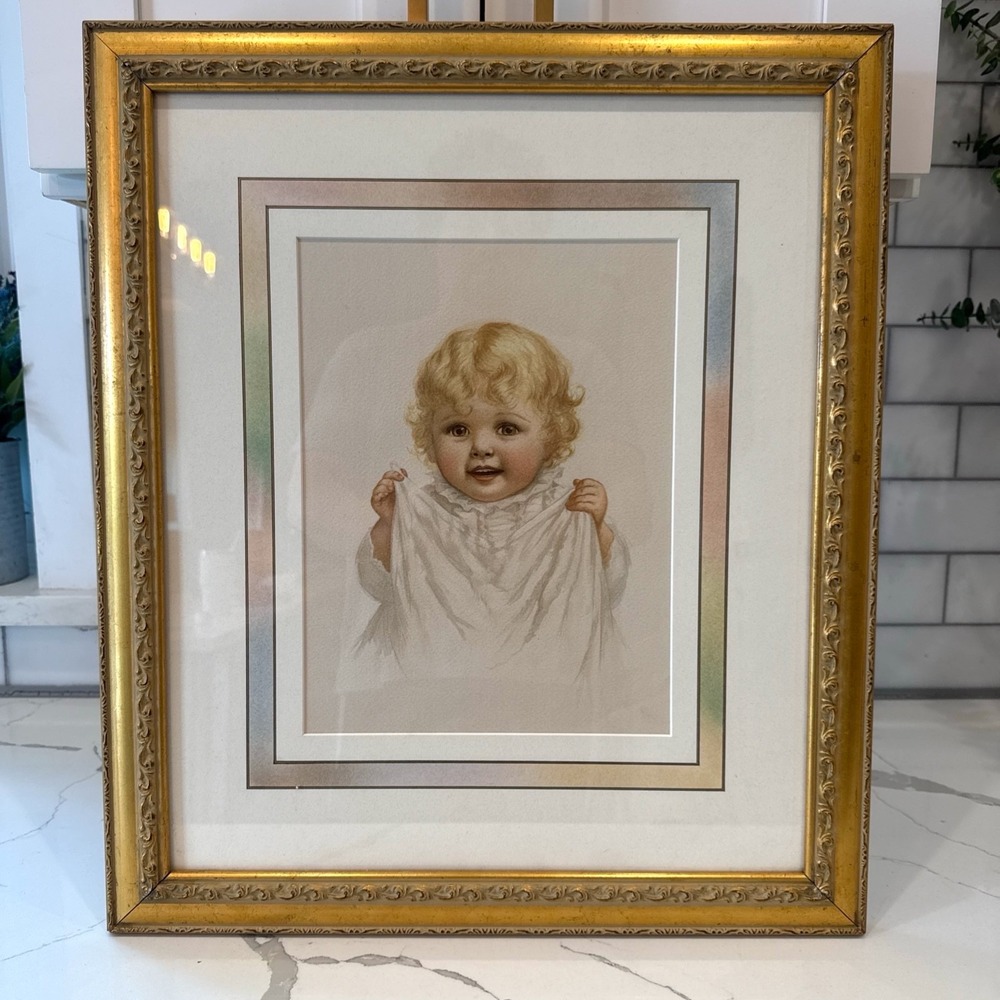 Antique Ida Waugh Framed Print Baby Portrait Child Gold Tone Orn